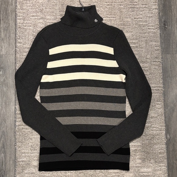 Lauren Ralph Lauren Striped Turtleneck Sweater - Black, Gray & Cream size L - Picture 2 of 5